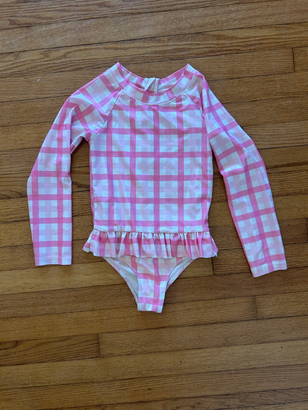 Girls Pink Gingham Long-Sleeve Rashguard One-Piece with Ruffle